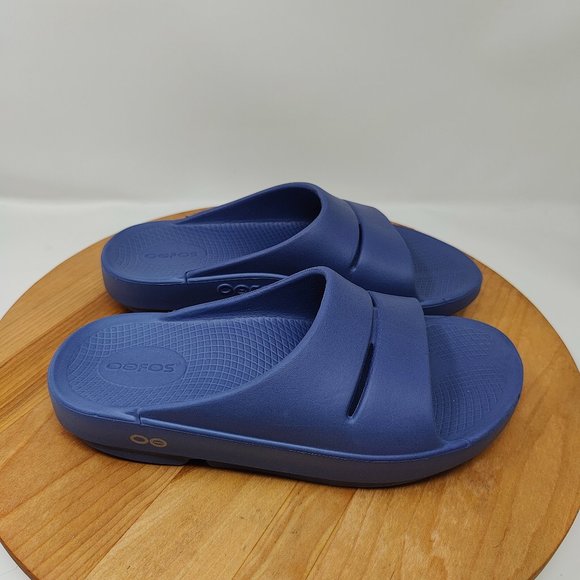 OOFOS | Shoes | Oofos Slide Sandals Womens Size 7 Blue Rubber Flat Slip On  | Poshmark